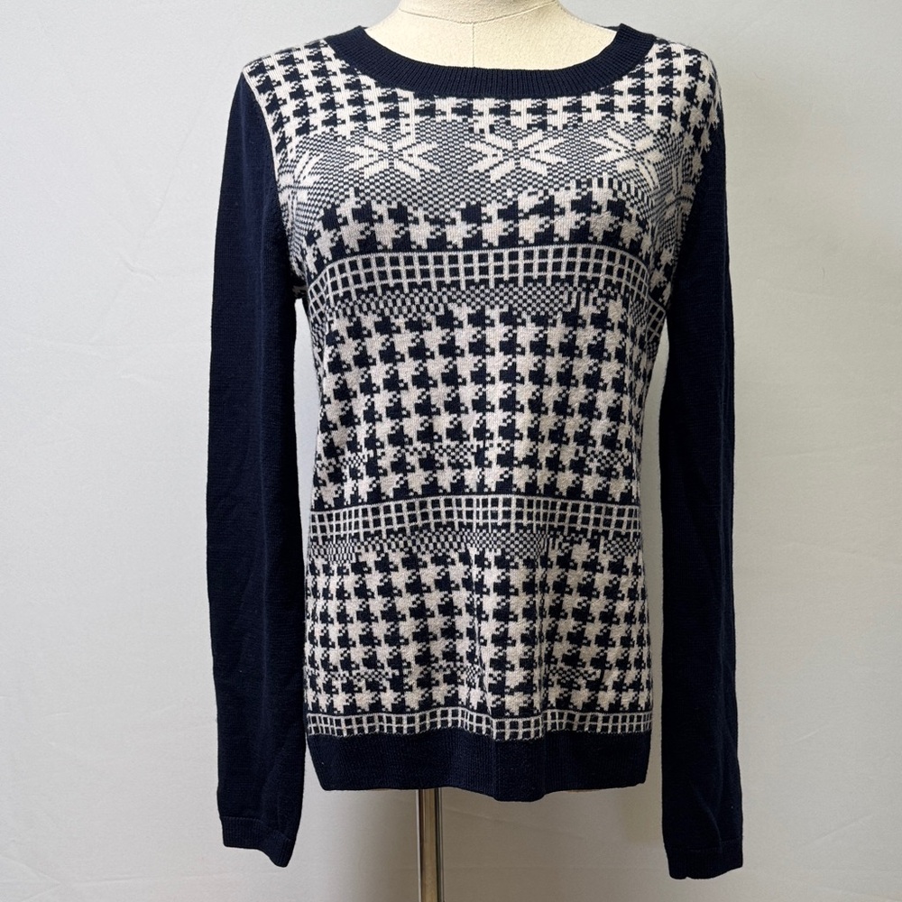Garnett Hill Navy and White Fair Isle Wool Sweater Size Small